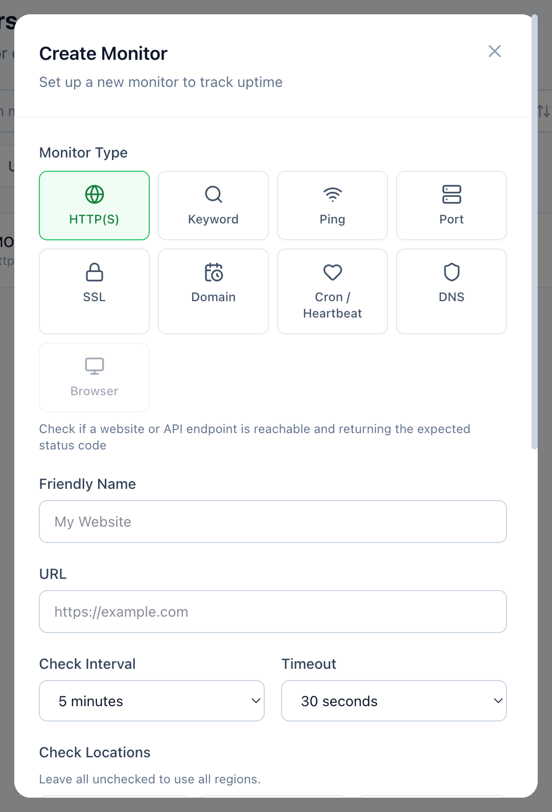 The Create Monitor dialog showing the monitor type grid and the basic fields