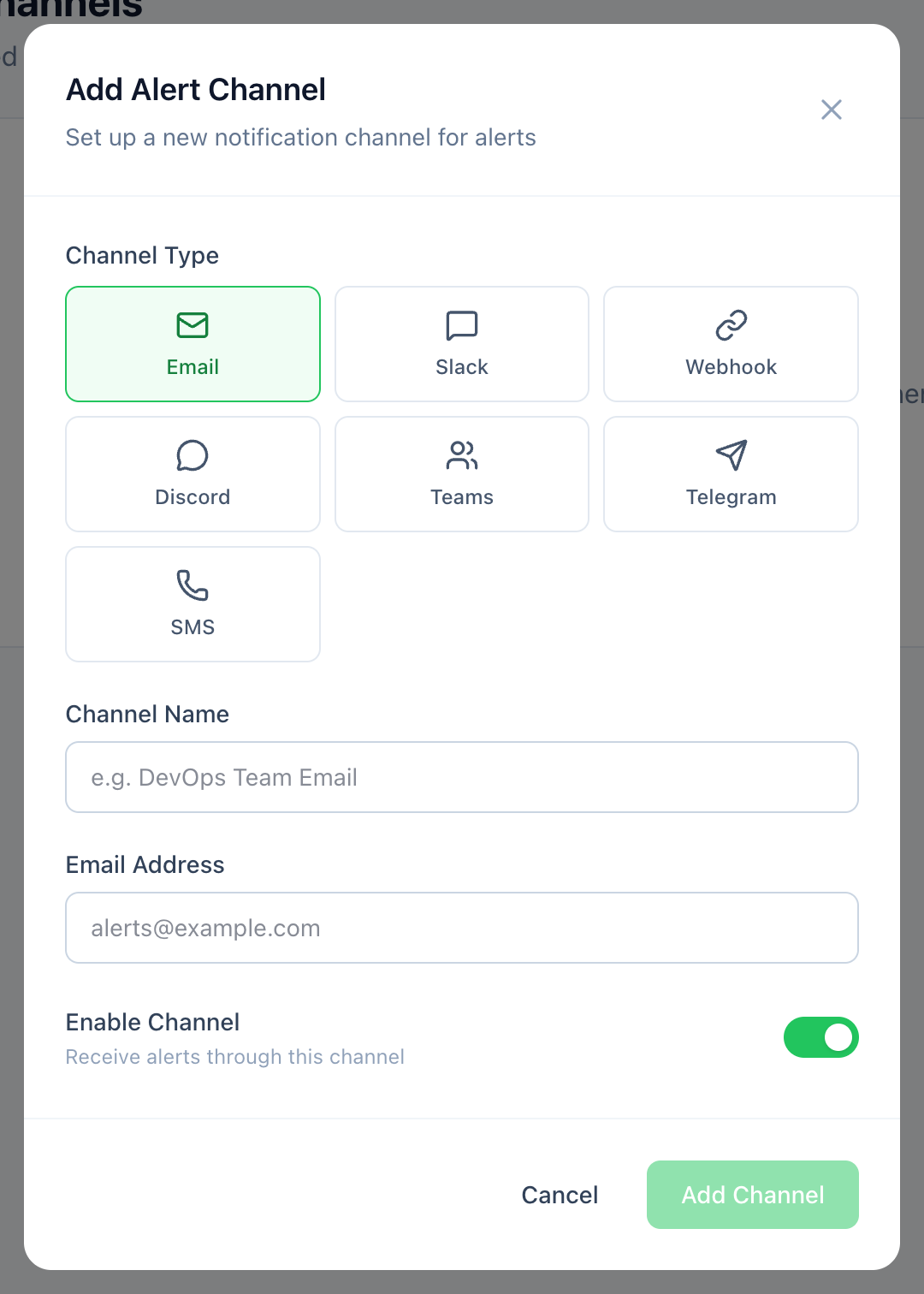 The Add Alert Channel dialog with channel types including Slack