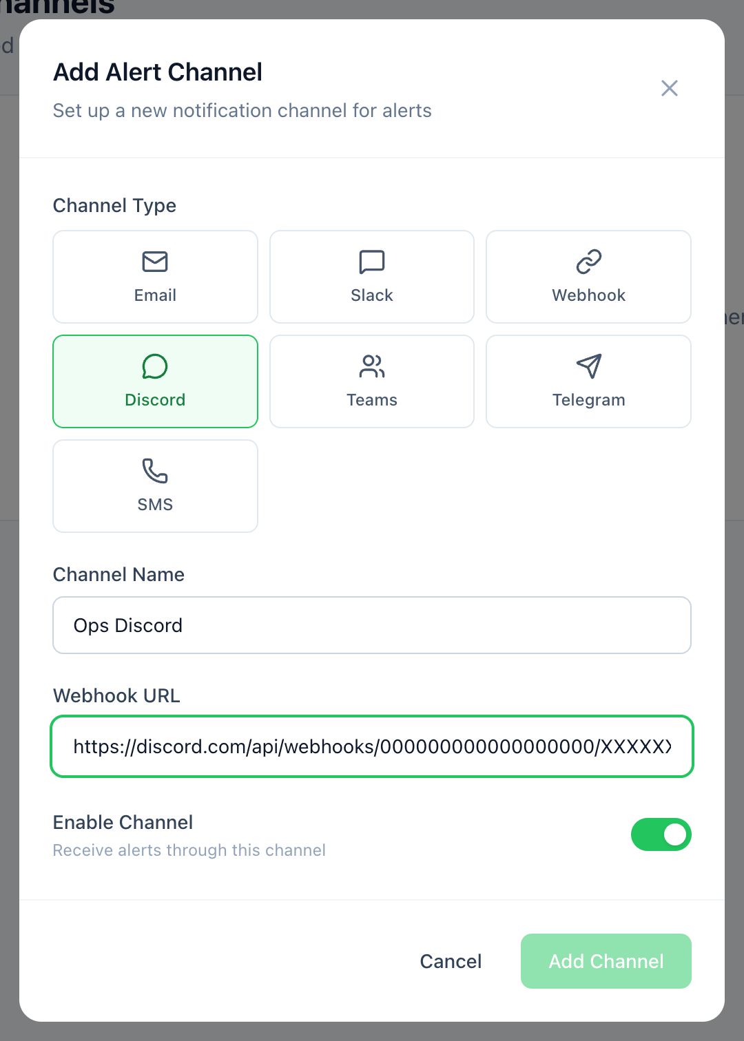 The Discord alert channel form with a name and webhook URL
