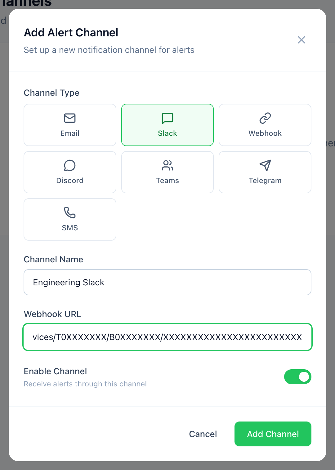 The Slack alert channel form with a name and webhook URL