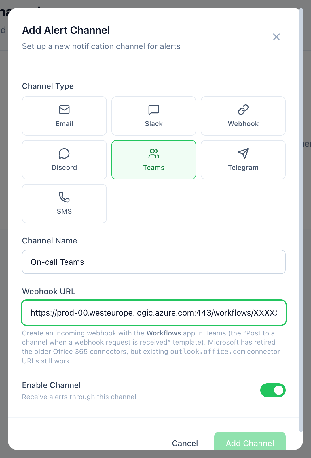 The Teams alert channel form showing the webhook URL field and Workflows guidance