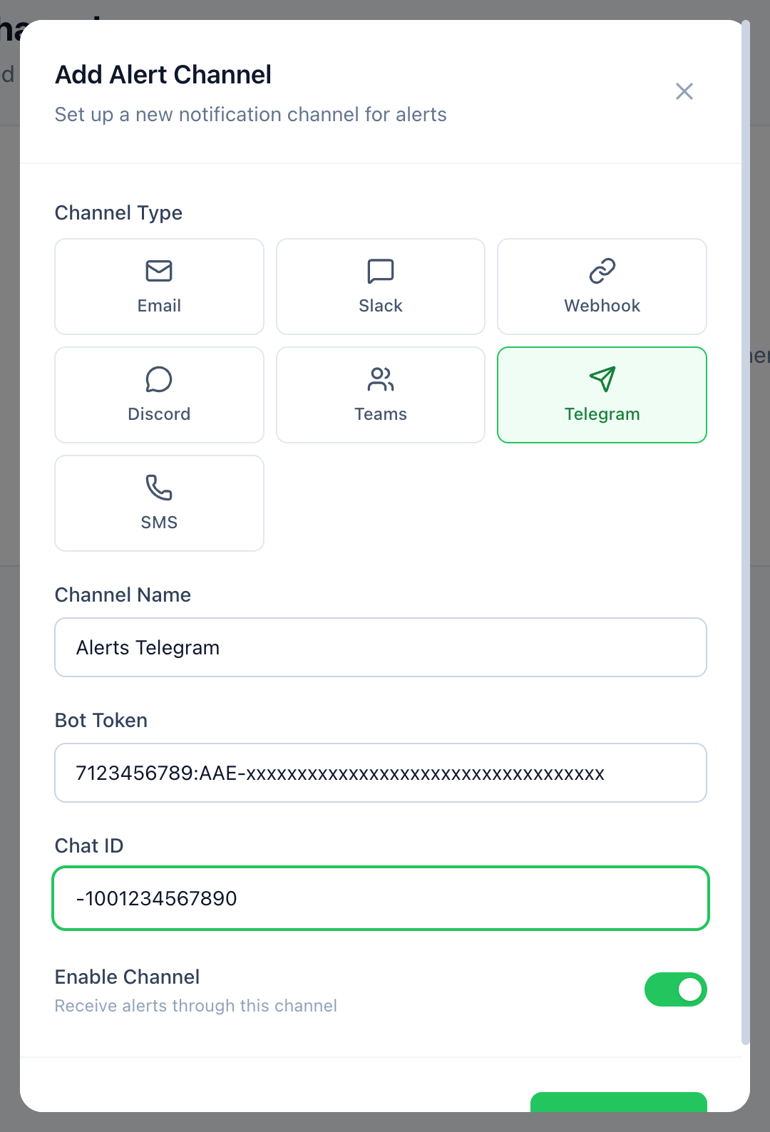 The Telegram alert channel form with Bot Token and Chat ID fields